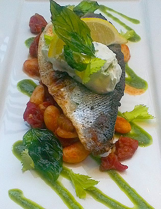 Grilled Fillet of Sea Bass on Chorizo and Butter Bean Cassoulet with Salsa Verde Recipe
