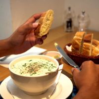 A hearty bowl of creamy seafood chowder