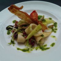 Pan fried squid with mediterranean salad and crispy pancetta
