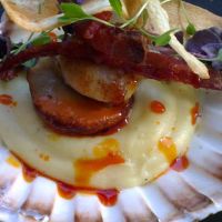 King Scallops in the shell with parsnip puree, chorizo sausage and parsnip crisps close up