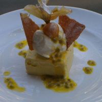 Mango Parfait with Passion Fruit Sauce and Honey Wafer